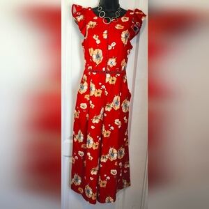 TEEZE ME orange floral ruffled sleeves jumpsuit Size Small  EUC